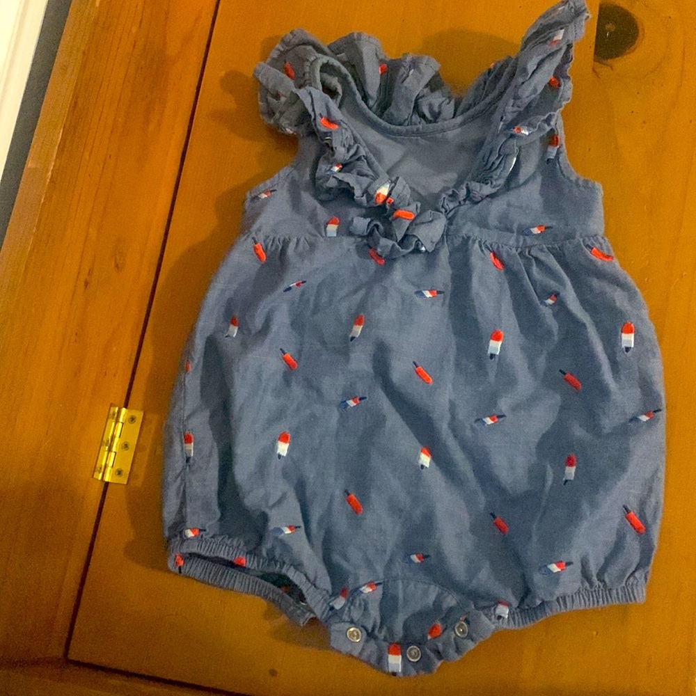 Cat & Jack denim ruffle red, white, and blue popsicle romper. Size 12 months. - Picture 2 of 3